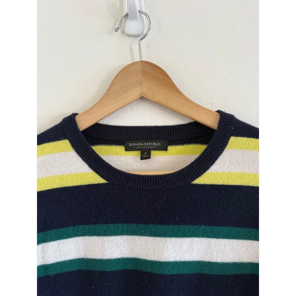 Banana Republic 100% Cashmere Striped Crew Neck Sweater Navy Green Yellow Small